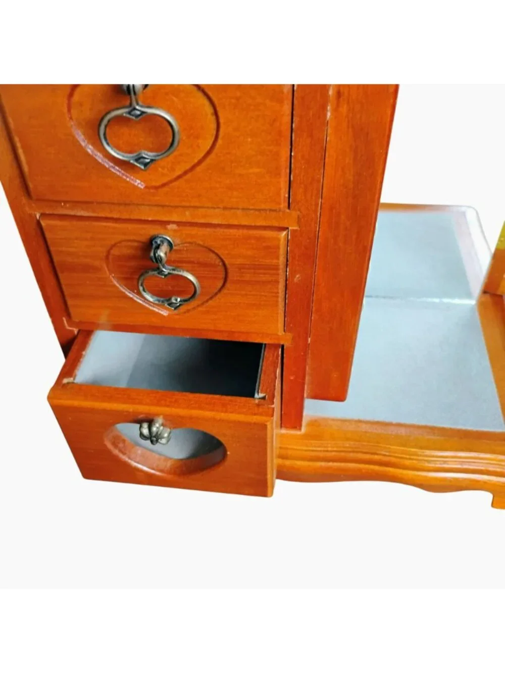 Wooden Jewelry Box w Heart Motif Glass Door & Velvet-Lined Storage Compartments